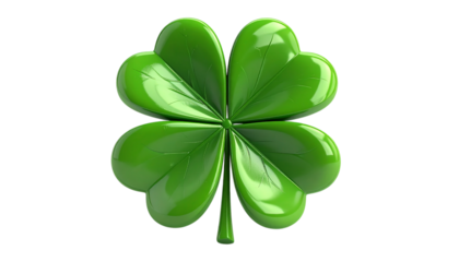 Glossy green shamrock shines, uses transparent background for digital design and St. Patrick's Day graphics.