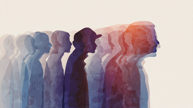 Surreal conceptual illustration of human silhouettes standing line blending into one another symbolizing conformity behavior and group dynamics in psychology no text clean background