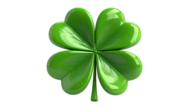 Glossy green shamrock shines, uses transparent background for digital design and St. Patrick's Day graphics.