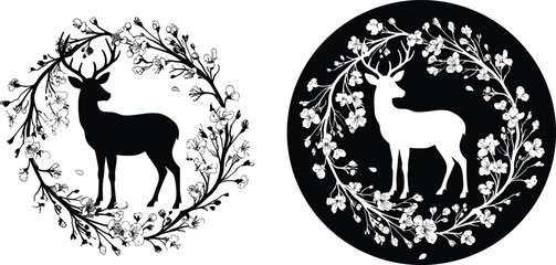 Elegant deer silhouette floral frame vector illustration, woodland nature decorative design with antlers, vintage circular wreath, forest animal artwork for wildlife, rustic, botanical theme