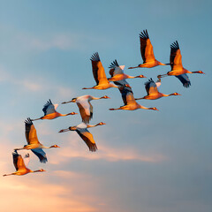 Captivating Aerial Ballet:The Mesmerizing Beauty of irds Soaring in Elegant Fomation Across the Sky, Demnstrating Nature's Intricae Coordination and Unity