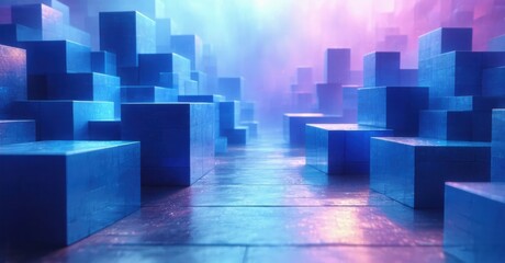 Abstract cubic structures form corridor. Blue, purple hues create futuristic, dreamlike space. Light beams emphasize depth, geometry.