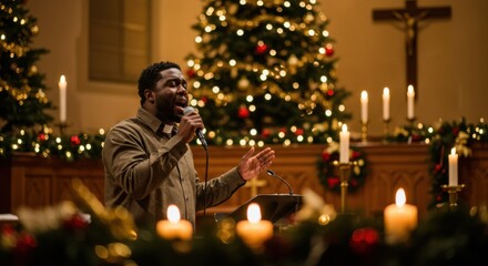 Black man singing spiritual song into microphone during Christmas church service. Christian worship event with decorated tree and candles.
