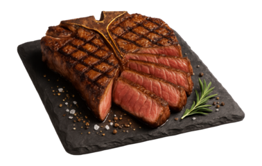 Grilled sliced T-bone steak with seasonings on a slate serving plate.