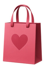 Pink paper gift bag with heart emblem.