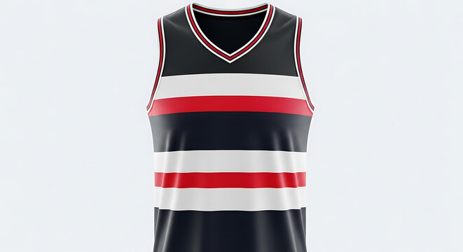 Sleek and modern sleeveless athletic jersey featuring a vibrant horizontal stripe pattern in dark blue, white, and red, perfect for various sports or casual active wear - Powered by Adobe