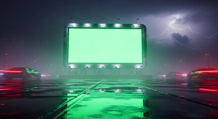 A futuristic, neon-lit billboard with a blank green screen stands prominently on a wet, reflective road at night, with blurred cars and a dramatic lightning ...