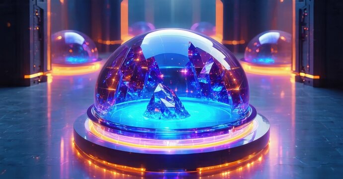 Glowing crystals inside glass domes illuminate dark room. Futuristic design, vibrant colors create dramatic scene.