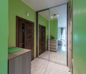 Modern Home Entryway With Green Walls, Wooden Doors, and Large Mirror Closet