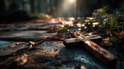 Fototapeta premium A wooden cross lies on a wet stone surface, surrounded by leaves and soft light filtering through a misty forest background.