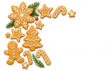 Gingerbread christmas cookies and sweets arrangement on transparent background, holiday baking decorating theme