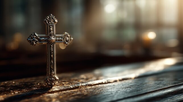 A detailed metal cross stands on a wooden surface, illuminated by soft, warm light with a blurred background creating a serene atmosphere.