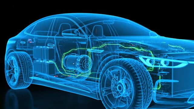 Dynamic 3D Holographic Electric Car Blueprint Revealing Internal Components and Energy Flow