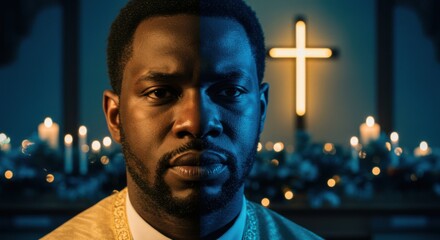 African american man in a church with a glowing cross. Spiritual leader at a Christian celebration. Modern Christianity and faith concept.