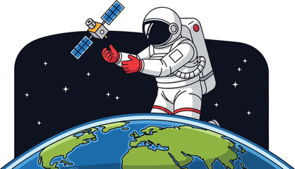 Astronaut in space reaching for a satellite above Earth, symbolizing exploration and technology.