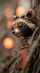 Obraz premium A whimsical raccoon character adorned with goggles and a vintage suit, surrounded by soft lights, Ideal for creative projects, illustrations, or merchandise focused on adventure and imagination,