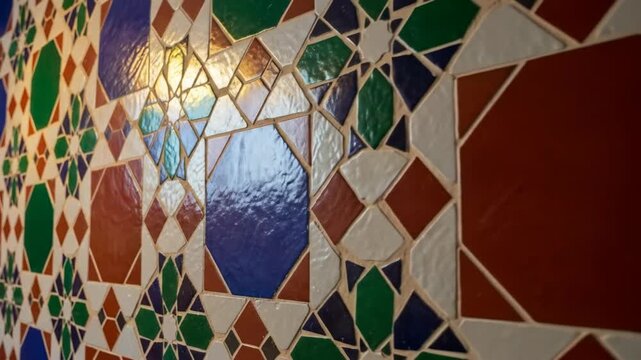 Intricate Moorish Zellige tilework in vibrant jewel-toned palette representing architectural decor