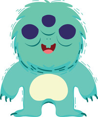 A cartoon tealcolored threeeyed monster with a pale yellow belly