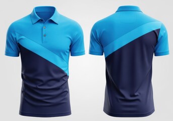Naklejka na ściany i meble Blue and navy blue color block polo shirt, front and back view, isolated on white background of mockup