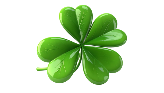 Green shiny clover design on transparent background. Perfect for St. Patrick's day product photography, branding, or posters. PNG file.