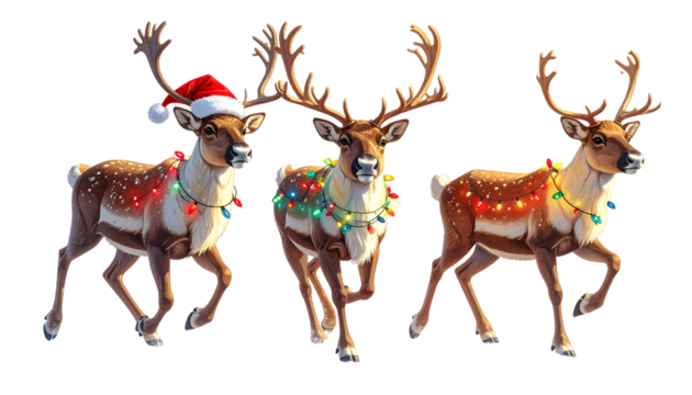 Holiday Reindeer Trio Set in Different Styles, isolated on transparent background - Powered by Adobe