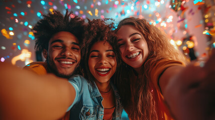 friends taking selfie at New Year party with colorful background, smiling faces