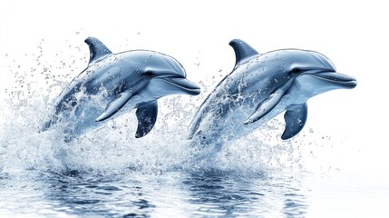Fototapeta premium Two dolphins leaping from the ocean, splashing water. (1)