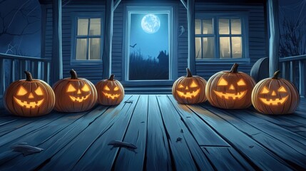 Glowing jack-o-lanterns lined up on spooky porch, eerie moonlight, haunted house background.