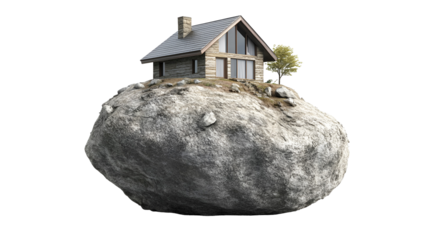 Small stone house on a floating rock isolated on transparent background