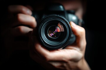 Photographer Holding Camera Lens Close Up in Dark Environment
