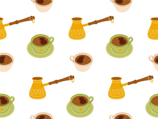 Seamless coffee pattern with cezve and cups. Vector illustration for packaging, textile, wallpaper design