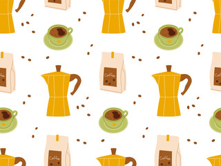 Seamless pattern with coffee elements. Vector illustration for packaging, textile, wallpaper design