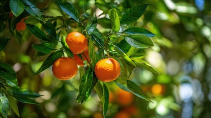 The vibrant oranges hanging on the tree in lush greenery.