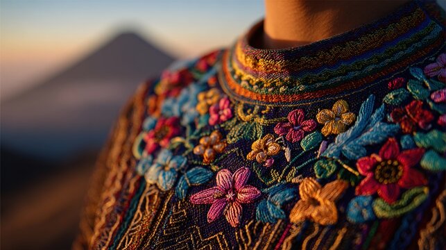 huipil. Embroidered huipil collar with floral patterns, highlighting Guatemalan textile artistry. event programs, museum guides, designed for cultural heritage projects and event programs.