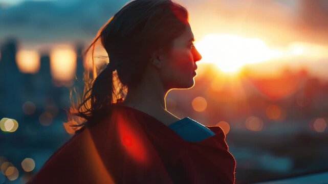 A woman in a red cape looks out over the cityscape, possibly contemplating or searching for something