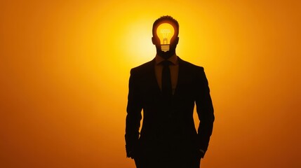 Silhouette of business person with light bulb inside head, symbol of innovation and thinking, dramatic spotlight, minimal background.