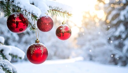 Snowy Christmas tree with red ornaments