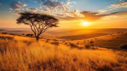 Vast African savannah landscape with acacia trees under golden sunset, warm natural light, open horizon background.