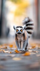 Fototapeta premium A playful lemur stands amidst colorful autumn leaves, showcasing its bright eyes and fluffy tail, This charming image is perfect for wildlife articles, educational materials