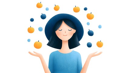 Fototapeta premium A serene illustration of a woman in a blue hat, effortlessly juggling colorful fruits, embodying joy and balance.