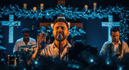Fototapeta premium Man singer performing during a Christmas church service. Christian worship and praise music concert. Modern religious event.