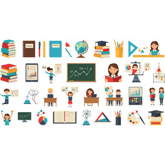 ducation and School Vector Graphics Mega Set with Teachers, Students, and Study Elements. Collection of Learning Icons, Class, and Academic Symbols.
