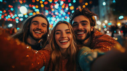friends taking selfie at New Year party with colorful background, smiling faces