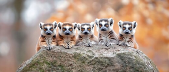 A group of five lemurs sits closely together on a rock, showcasing their expressive faces against a softly blurred autumn background