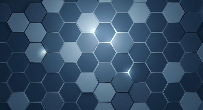 Abstract blue hexagon pattern with light reflections, modern design.