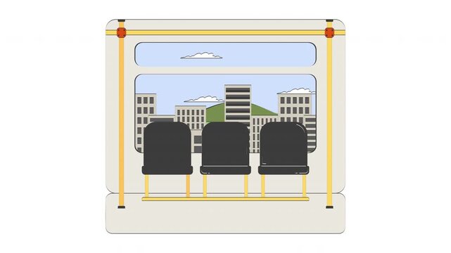 Empty train seats with city view passes by doodle cartoon animation. Urban commute interior with scenic hill cityscape window animated 2D backdrop isolated on white background. 4K video motion graphic