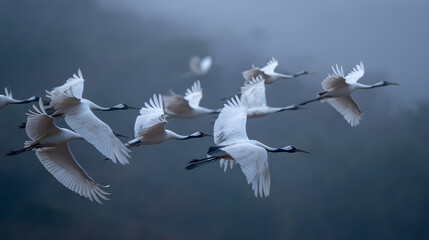Captivating Aerial Ballet:The Mesmerizing Beauty of irds Soaring in Elegant Fomation Across the Sky, Demnstrating Nature's Intricae Coordination and Unity