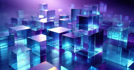 Abstract digital landscape. Glowing cubes create futuristic city impression. Purple, blue hues dominate composition. Minimalist design.