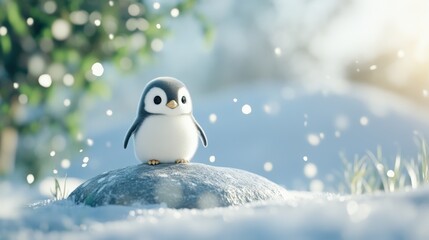 Fototapeta premium A cute penguin chick stands on a rock amidst a snowy landscape, surrounded by soft snowfall, Ideal for projects related to wildlife, children's themes, winter holidays, or nature conservation,