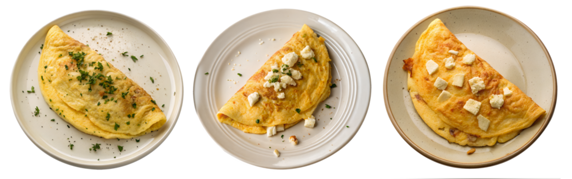 Three omelets are displayed on plain plates, each featuring distinct fillings. The first has herbs, the second is topped with cheese, and the third includes vegetables.